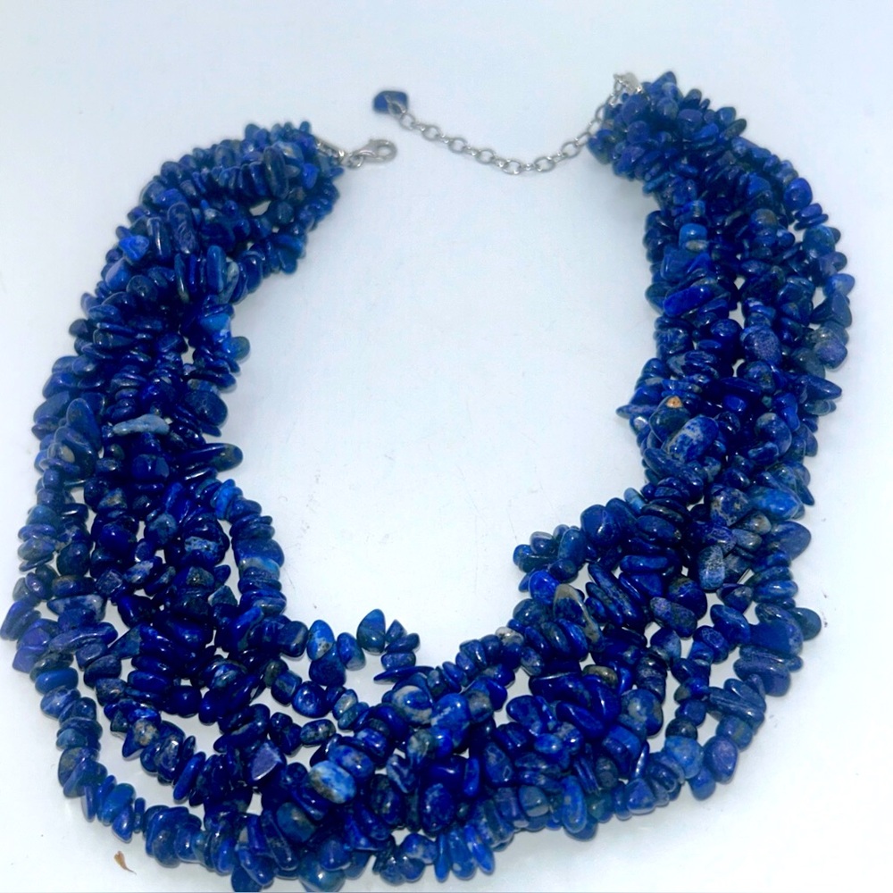 Vintage 7 Strand Lapis Chip Necklace 925 Findings Estate Boho Statement 16-20 “ - Picture 6 of 6